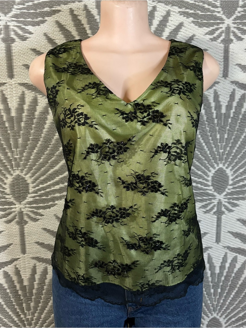 Vintage Mesh Beaded Floral Tank Top Womens Sz 10 Blk Neon Green Whimsigoth 90s